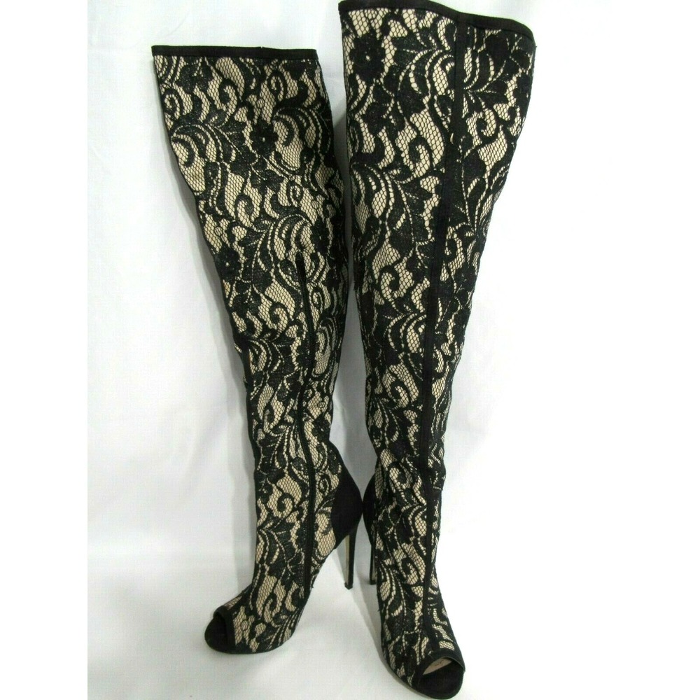 Madison by Shoedazzle Black Bone Peep Toe Knee-High Women's Boot Size‎ 6.5